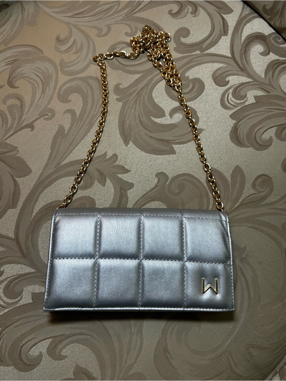 House of Wanted Quilted Silver Crossbody Wallet Clutch Bag Gold Chain Accessory